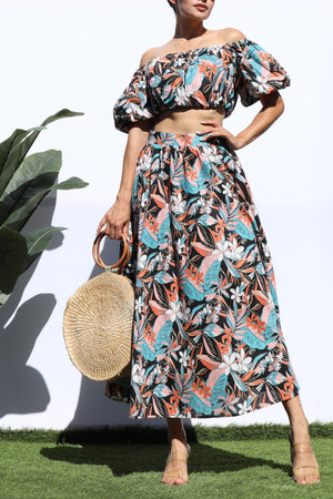 DD5048, PRINTED OFF SHOULDER TOP AND SKIRT SET