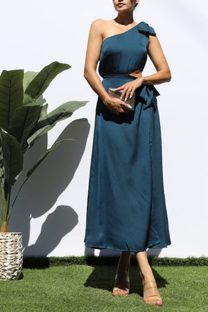 DD5154, ONE SHOULDER SATIN MIDI DRESS