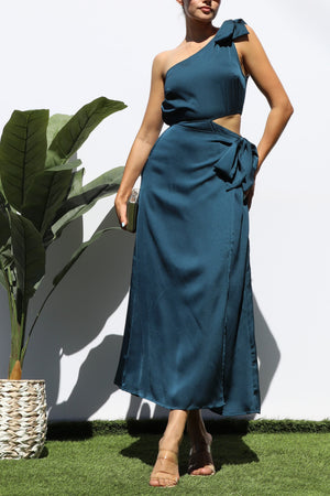 DD5154, ONE SHOULDER SATIN MIDI DRESS