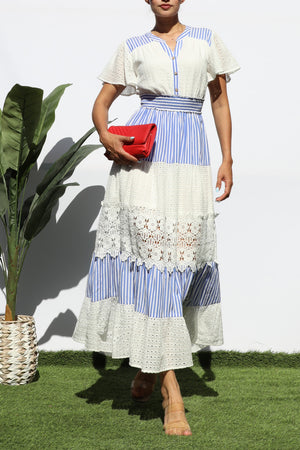 DD7980, EYELET LACE BUTTON MIDI DRESS