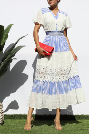 DD7980, EYELET LACE BUTTON MIDI DRESS