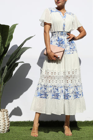 DD7980, EYELET LACE BUTTON MIDI DRESS