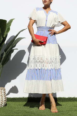 DD7980, EYELET LACE BUTTON MIDI DRESS