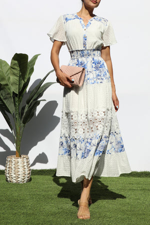 DD7980, EYELET LACE BUTTON MIDI DRESS
