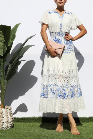 DD7980, EYELET LACE BUTTON MIDI DRESS