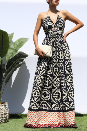 DD8147, PRINTED V NECK MAXI DRESS