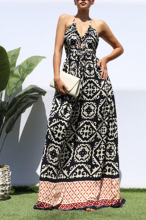 DD8147, PRINTED V NECK MAXI DRESS