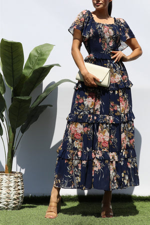 DD7855, FLORAL SMOCKED TOP TIERED MIDI DRESS