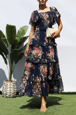 DD7855, FLORAL SMOCKED TOP TIERED MIDI DRESS