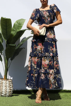 DD7855, FLORAL SMOCKED TOP TIERED MIDI DRESS