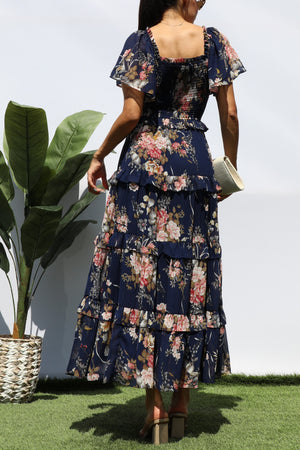 DD7855, FLORAL SMOCKED TOP TIERED MIDI DRESS