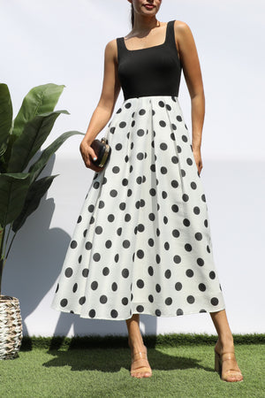 DD8192, POLKA DOT SQUARE NECK MIDI DRESS