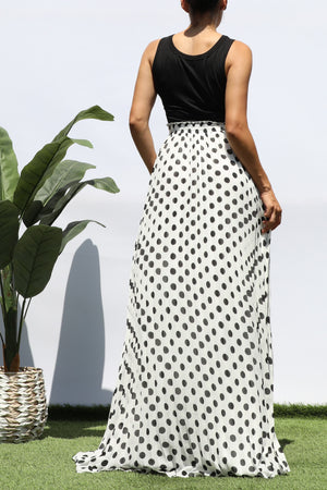 DD8219, PLEATED POLKA DOT MAXI DRESS