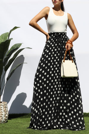 DD8219, PLEATED POLKA DOT MAXI DRESS