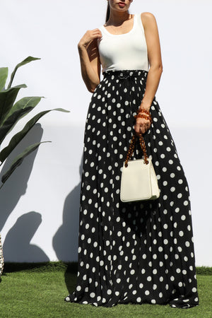 DD8219, PLEATED POLKA DOT MAXI DRESS