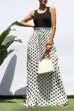 DD8219, PLEATED POLKA DOT MAXI DRESS