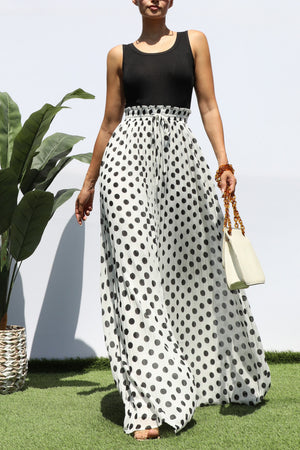 DD8219, PLEATED POLKA DOT MAXI DRESS
