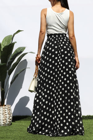DD8219, PLEATED POLKA DOT MAXI DRESS