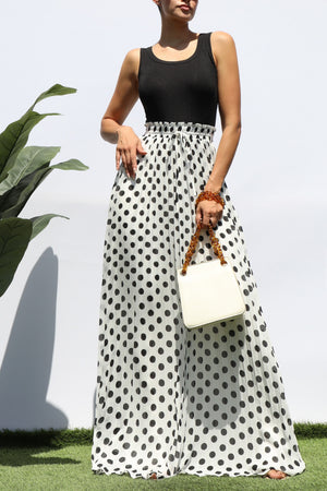 DD8219, PLEATED POLKA DOT MAXI DRESS