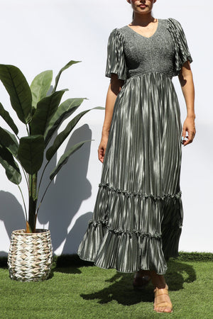 DD7974, SMOCKED TOP RUFFLE HEM MIDI DRESS