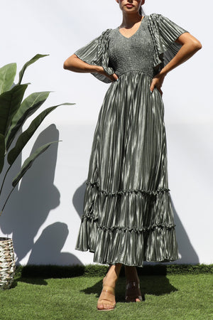 DD7974, SMOCKED TOP RUFFLE HEM MIDI DRESS