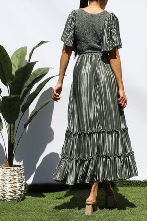DD7974, SMOCKED TOP RUFFLE HEM MIDI DRESS