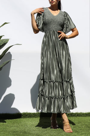 DD7974, SMOCKED TOP RUFFLE HEM MIDI DRESS