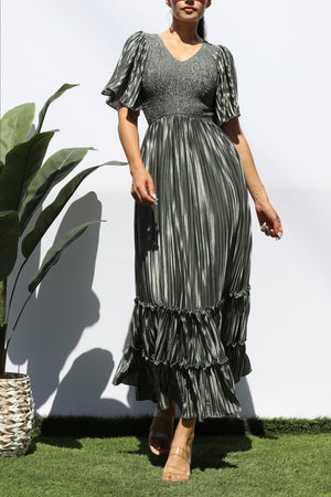 DD7974, SMOCKED TOP RUFFLE HEM MIDI DRESS