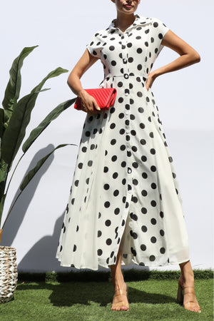 DD8217, POLKA DOT BUTTON DOWN MIDI DRESS