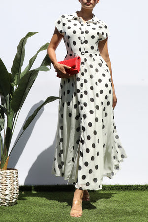 DD8217, POLKA DOT BUTTON DOWN MIDI DRESS