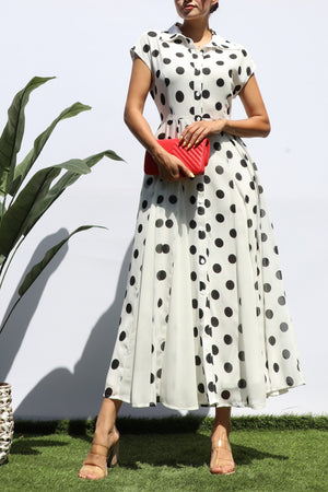 DD8217, POLKA DOT BUTTON DOWN MIDI DRESS