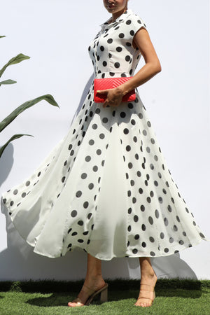 DD8217, POLKA DOT BUTTON DOWN MIDI DRESS