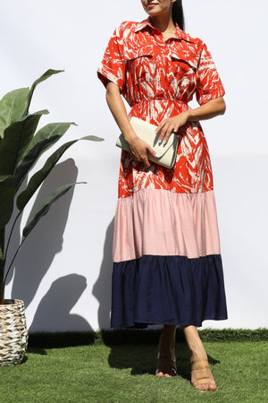 DD8206,  COLOR BLOCKED BUTTON DOWN MIDI DRESS