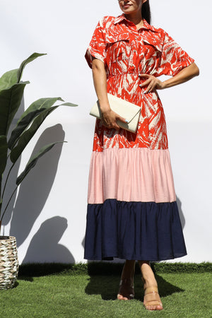 DD8206,  COLOR BLOCKED BUTTON DOWN MIDI DRESS