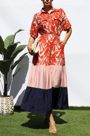 DD8206,  COLOR BLOCKED BUTTON DOWN MIDI DRESS