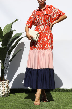 DD8206,  COLOR BLOCKED BUTTON DOWN MIDI DRESS