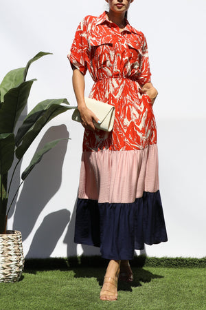 DD8206,  COLOR BLOCKED BUTTON DOWN MIDI DRESS
