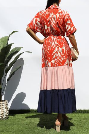 DD8206,  COLOR BLOCKED BUTTON DOWN MIDI DRESS