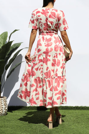 DD8195, PRINTED V NECK TIERED MIDI DRESS