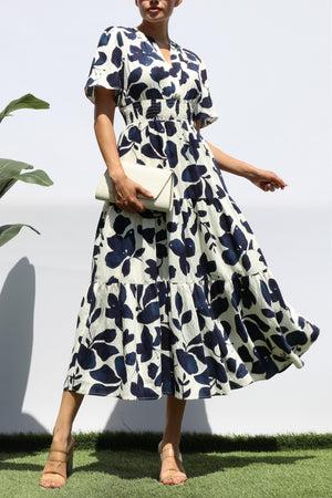 DD8195, PRINTED V NECK TIERED MIDI DRESS