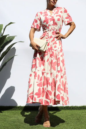 DD8195, PRINTED V NECK TIERED MIDI DRESS