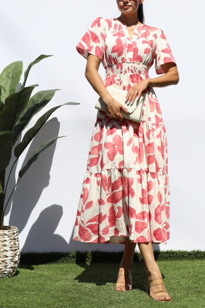DD8195, PRINTED V NECK TIERED MIDI DRESS