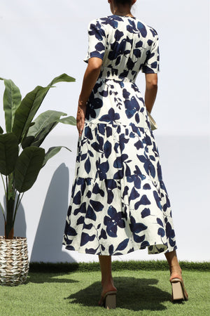DD8195, PRINTED V NECK TIERED MIDI DRESS