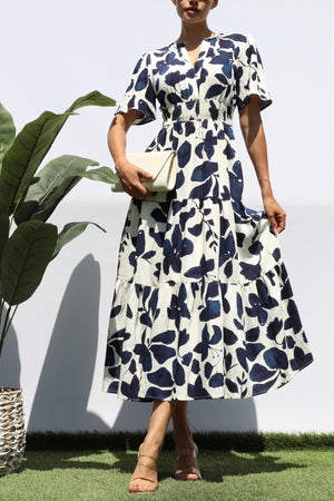 DD8195, PRINTED V NECK TIERED MIDI DRESS
