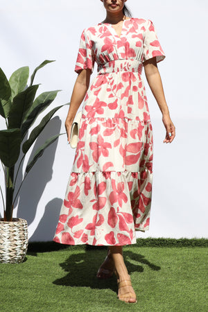 DD8195, PRINTED V NECK TIERED MIDI DRESS