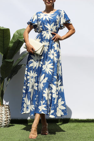 DD8280, PRINTED RUFFLE HEM MIDI DRESS