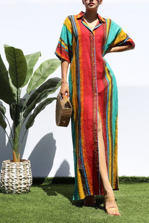 DD8258, MULTI PRINTED BUTTON DOWN SHIRT DRESS