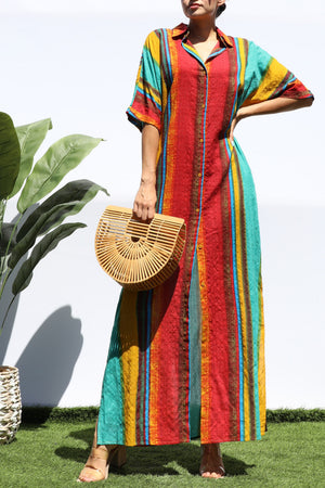 DD8258, MULTI PRINTED BUTTON DOWN SHIRT DRESS