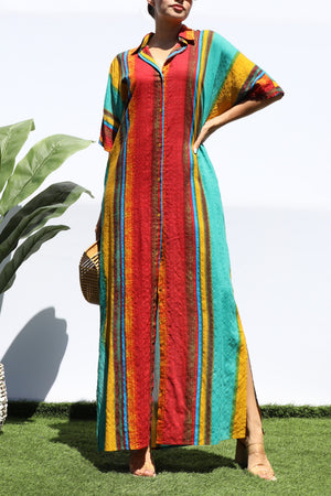 DD8258, MULTI PRINTED BUTTON DOWN SHIRT DRESS