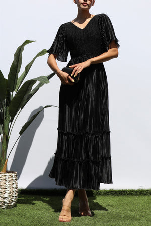 DD7974, SMOCKED TOP RUFFLE HEM MIDI DRESS